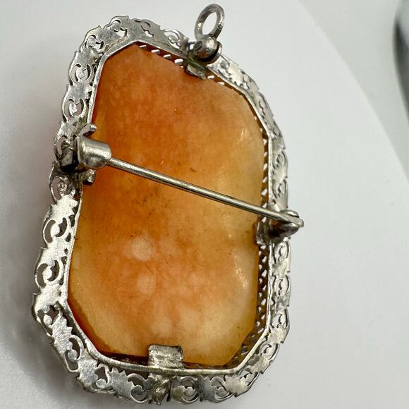 Antique Edwardian 1900s solid 14kt white gold carved shell cameo brooch pendant - Picture 7 of 10